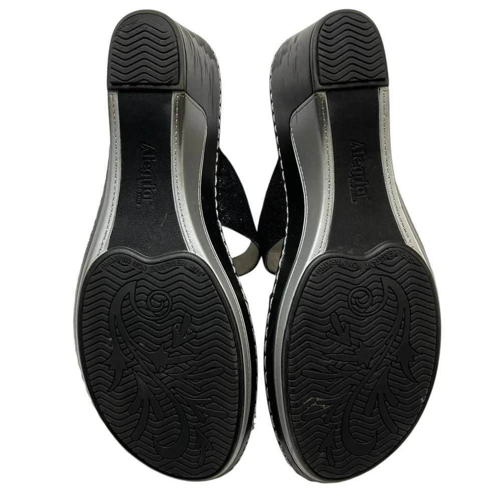 Alegria Loti Sandals Womens 11 Black Leather Sparkle Glitter Wedge Slip On Event